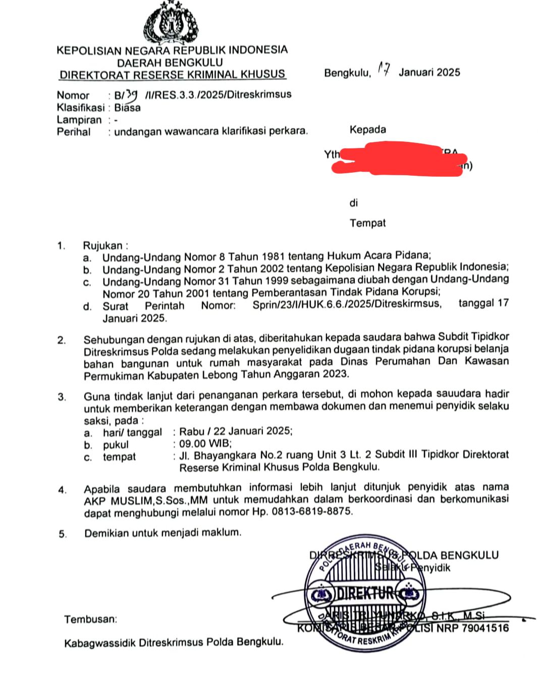 Polda Bengkulu Terus Ungkap Dugaan Korupsi Bantuan Bedah Rumah