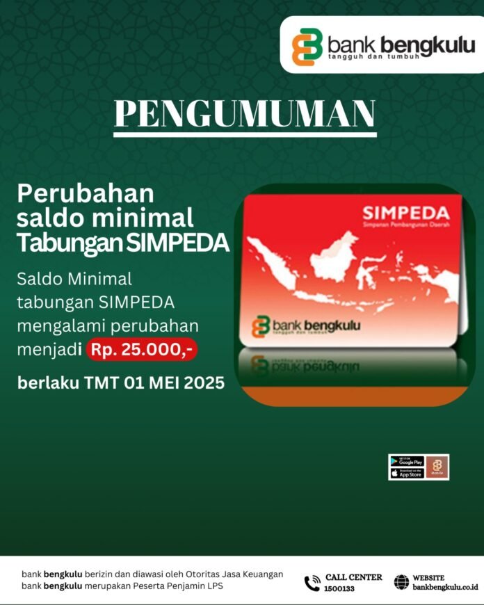 Mulai 1 Mei Saldo Minimum Rekening Bank Bengkulu Turun Jadi Rp 25 Ribu