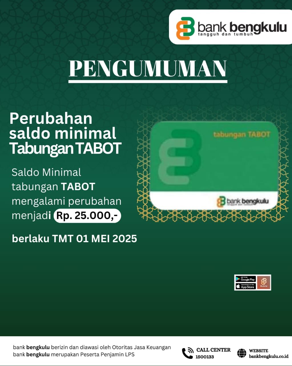 Mulai 1 Mei Saldo Minimum Rekening Bank Bengkulu Turun Jadi Rp 25 Ribu